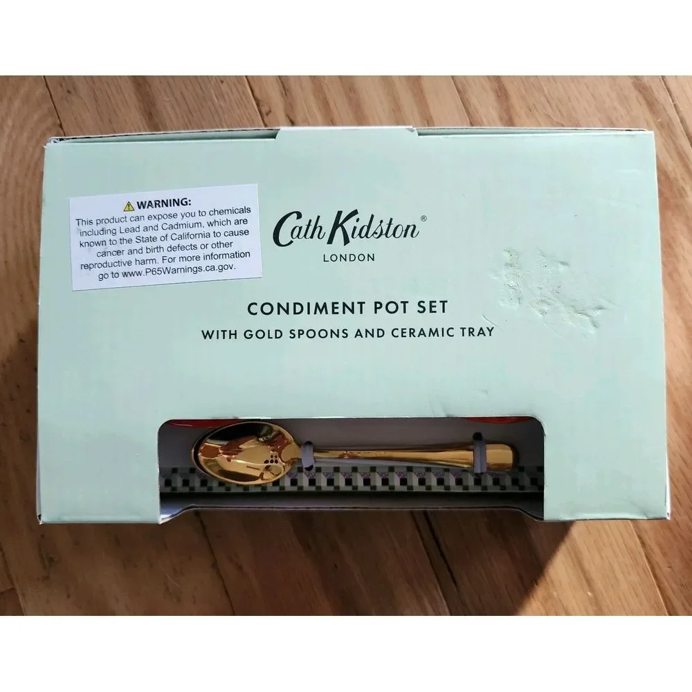 Cath Kidston Condiment Pot Set‎ With Gold Spoons & Ceramic Tray